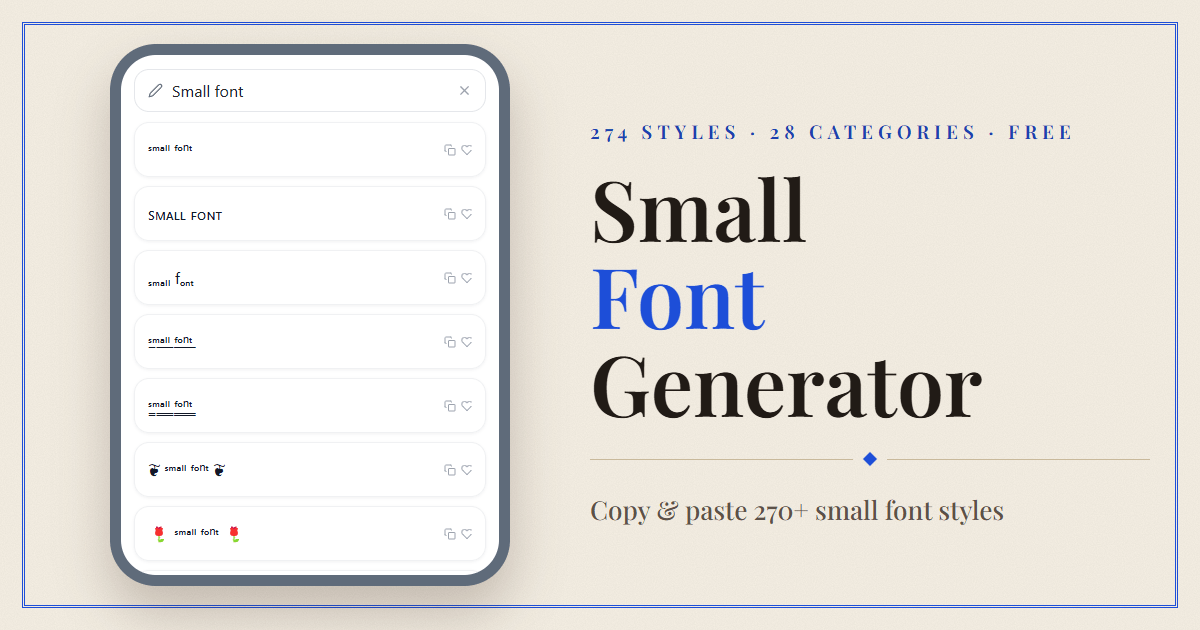 Small Font Generator poster — superscript, subscript and small caps examples on a phone